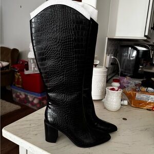 Black Croc-Embossed Knee-High Boots